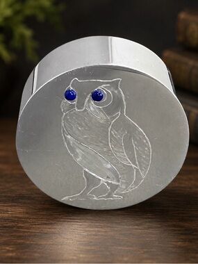 Ortiz Signed Etched Owl Paperweight Lapis Blue Eyes OOAK Vtg Rare HTF Unique